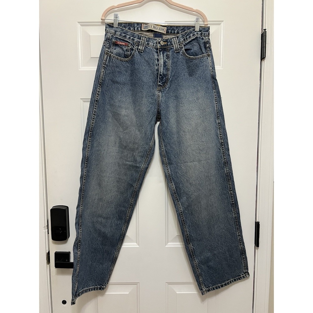 Vtg US Polo Assn 33 X 32 Blue Denim Wide Leg Flag Logo Jeans Casual Y2K